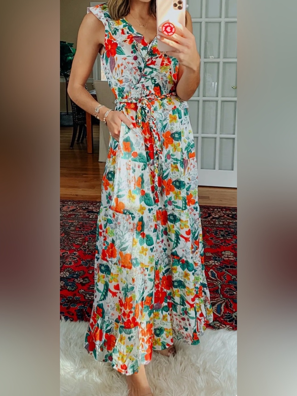 J. Crew floral Maxi dress with tiered skirt,frill wrap top, pockets and belt.